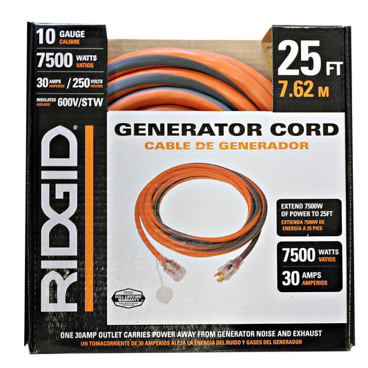 RIDGID 25 Ft. 10/4 Heavy Duty Outdoor L14-30 Amp Generator Extension Cord with Lighted End, Orange/Grey