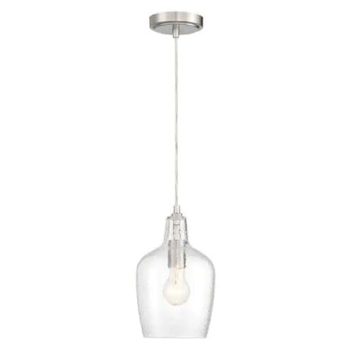 Hampton Bay Gillian 1-Light Brushed Nickel Cone Mini Pendant with Clear Hammered Glass