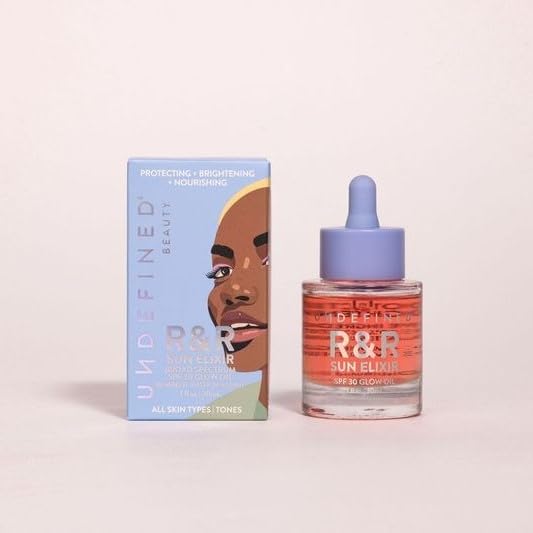 Undefined Beauty R&R Sun Elixir Broad Spectrum SPF 30 Glow Oil infused with Vitamin C, Amla, Tsubaki Seed, Milk Thistle to brighten, protect and nourish, face oil, hair oil, scalp oil, body oil