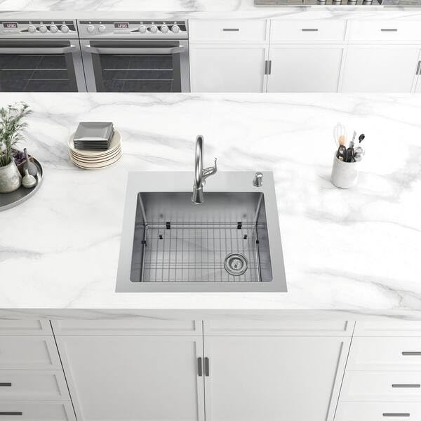 AIO Dolancourt 25 in. Drop-in/Undermount Single Bowl 18 Gauge Stainless Steel Kitchen Sink with Pull-Down Faucet