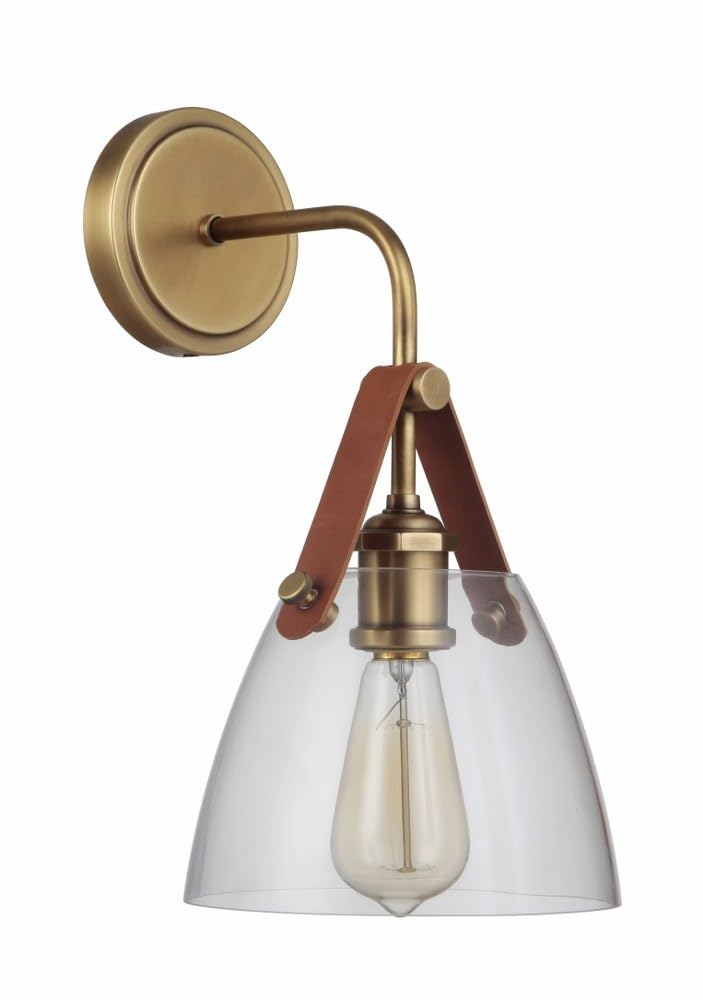 Craftmade 51361-VB Hagen Crystal Clear Glass with Genuine Leather Wall Sconce, 1-Light 60 Watt, Vintage Brass, 14" H x 6" W