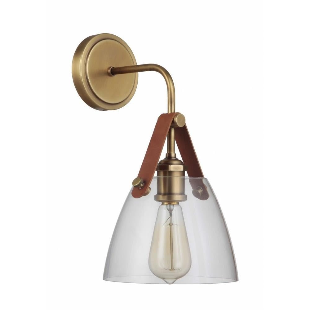 Craftmade 51361-VB Hagen Crystal Clear Glass with Genuine Leather Wall Sconce, 1-Light 60 Watt, Vintage Brass, 14" H x 6" W