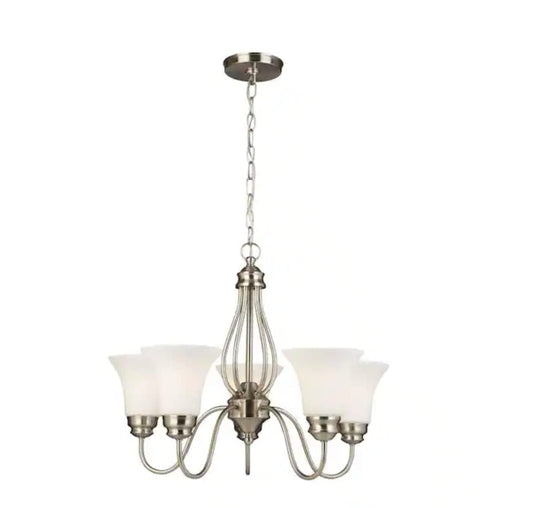 Kensley Park 5-Light Classic Traditional Brushed Nickel Hanging Candlestick Chandelier with Frosted White Shade