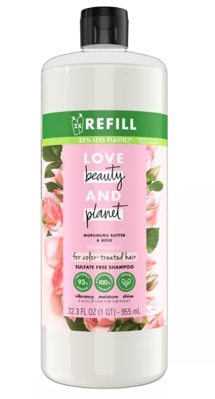 Love Beauty And Planet Blooming Color Sulfate-Free Shampoo Murumuru Butter & Rose, for Color Treated Hair Vegan, Paraben-free, Silicone-free, Cruelty-free 32.3 oz Refill Bottle