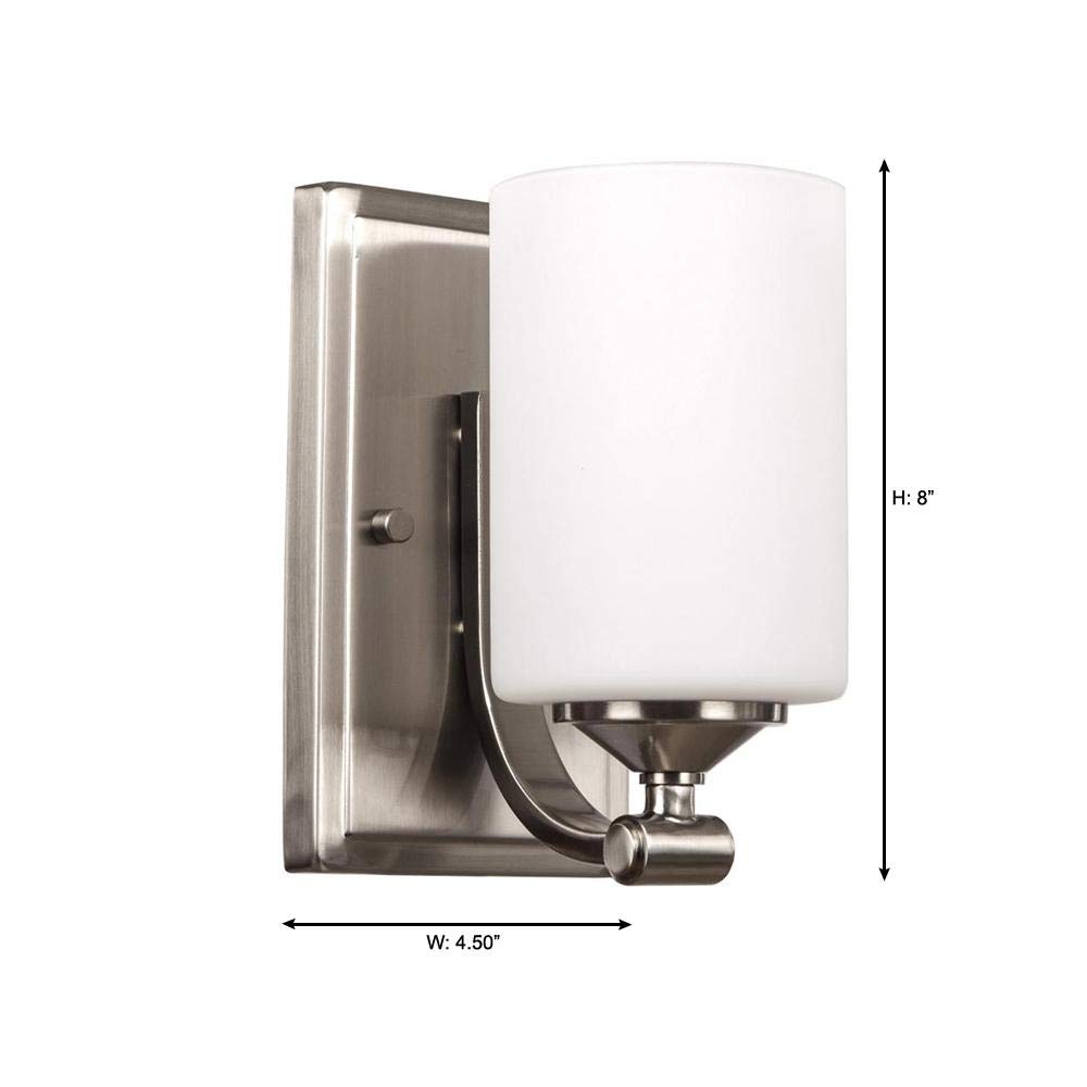 Hampton Bay 1-Light Brushed Nickel Wall Sconce with Frosted Opal Glass Shade. Model # 17678