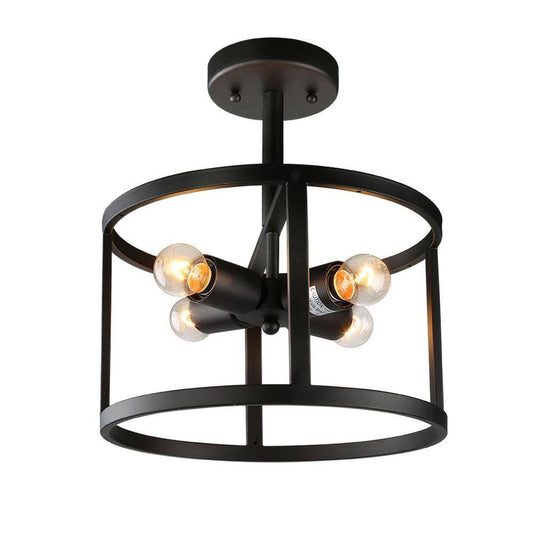 Black Semi Flush Mount Rustic 4-Light Drum Farmhouse Ceiling Lights Bronze Bedroom Ceiling Light Fixtures