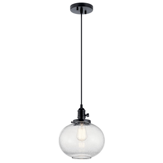 KICHLER Avery 9.75" Globe Mini Pendant Industrial 1 Light Mini Pendant Ceiling Light Fixture with Clear Seeded Glass in Black, for Living Room, Bedroom or Kitchen (9.75" x 9.75" x 11.25") 43852BK
