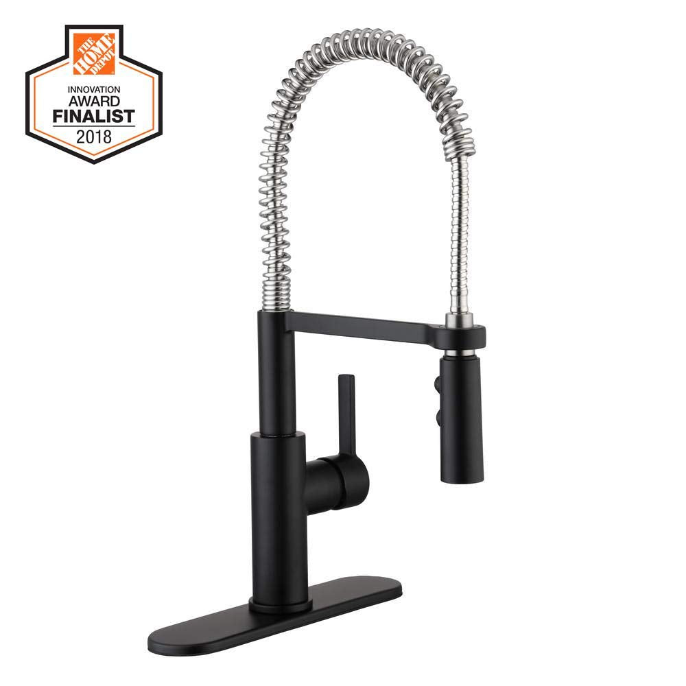 Statham Single-Handle Coil Spring Neck Kitchen Faucet with TurboSpray in Dual Finish Stainless Steel & Matte Black