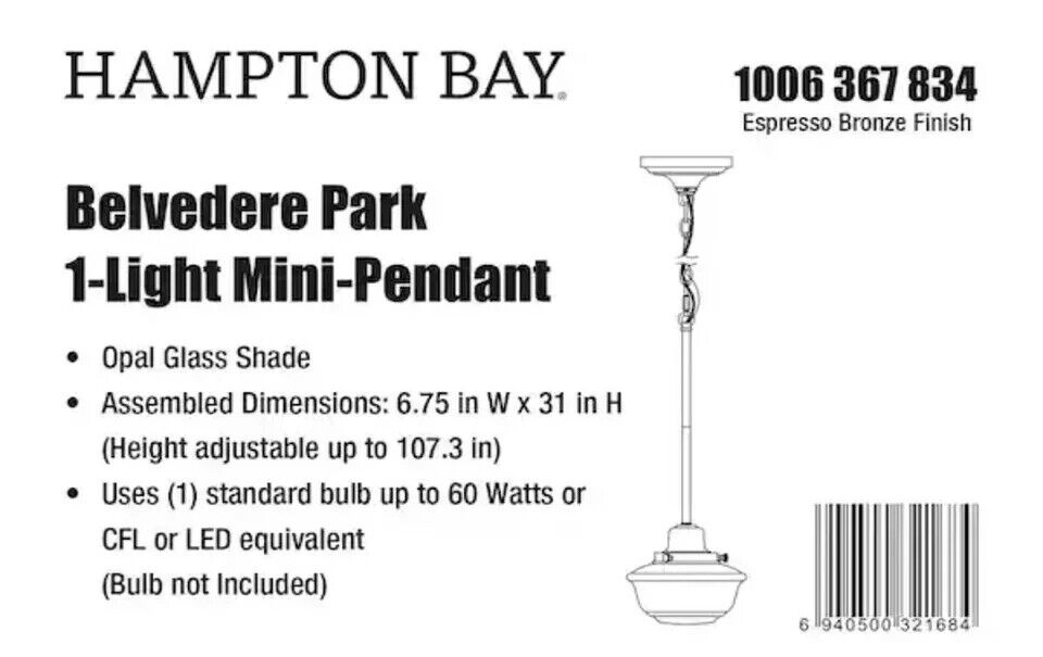 Hampton Bay Belvedere Park 1-Light Bronze Mini-Pendant, Farmhouse Hanging Light