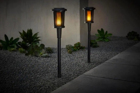Hampton Bay Ambrose Solar 6 Lumens Matte Black Integrated LED Flicker Flame Torch Path Light with Adjustable Height (2-Pack)