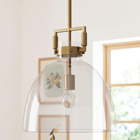 Nathan James Leigh Pendant Lighting, Hanging Ceiling Light with Oversized Glass Shade and Adjustable Cord, for Kitchen Island or Entryway, Vintage Brass/Clear