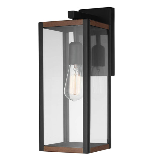 Globe Electric 44681 1-Light Outdoor Indoor Wall Sconce, Matte Black, Faux Wood Accents, Glass Shade, Wall Lighting, Porch Light, Wall Lights for Bedroom, Kitchen Sconces, Bulb Not Included