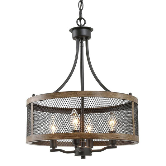 16 in. 4-Light Modern Farmhouse Black Pendant/Chandelier with Wood Accent