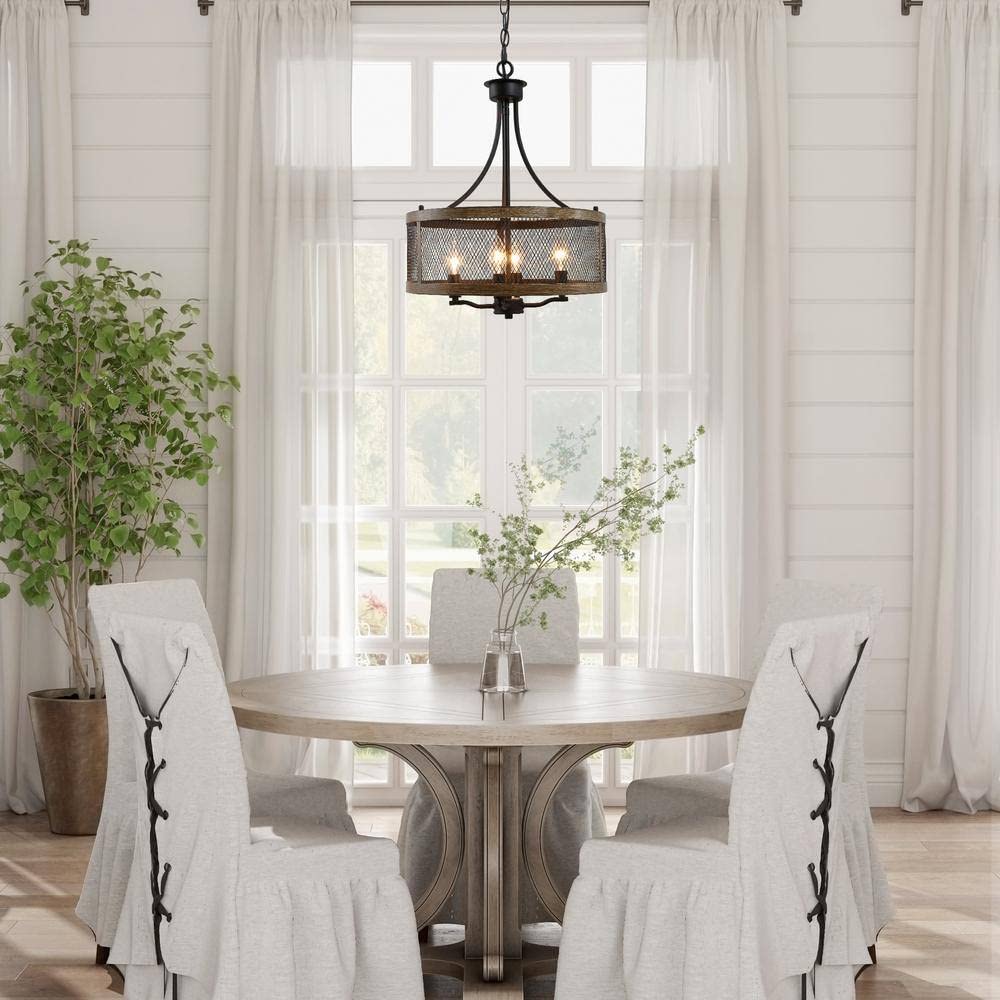16 in. 4-Light Modern Farmhouse Black Pendant/Chandelier with Wood Accent