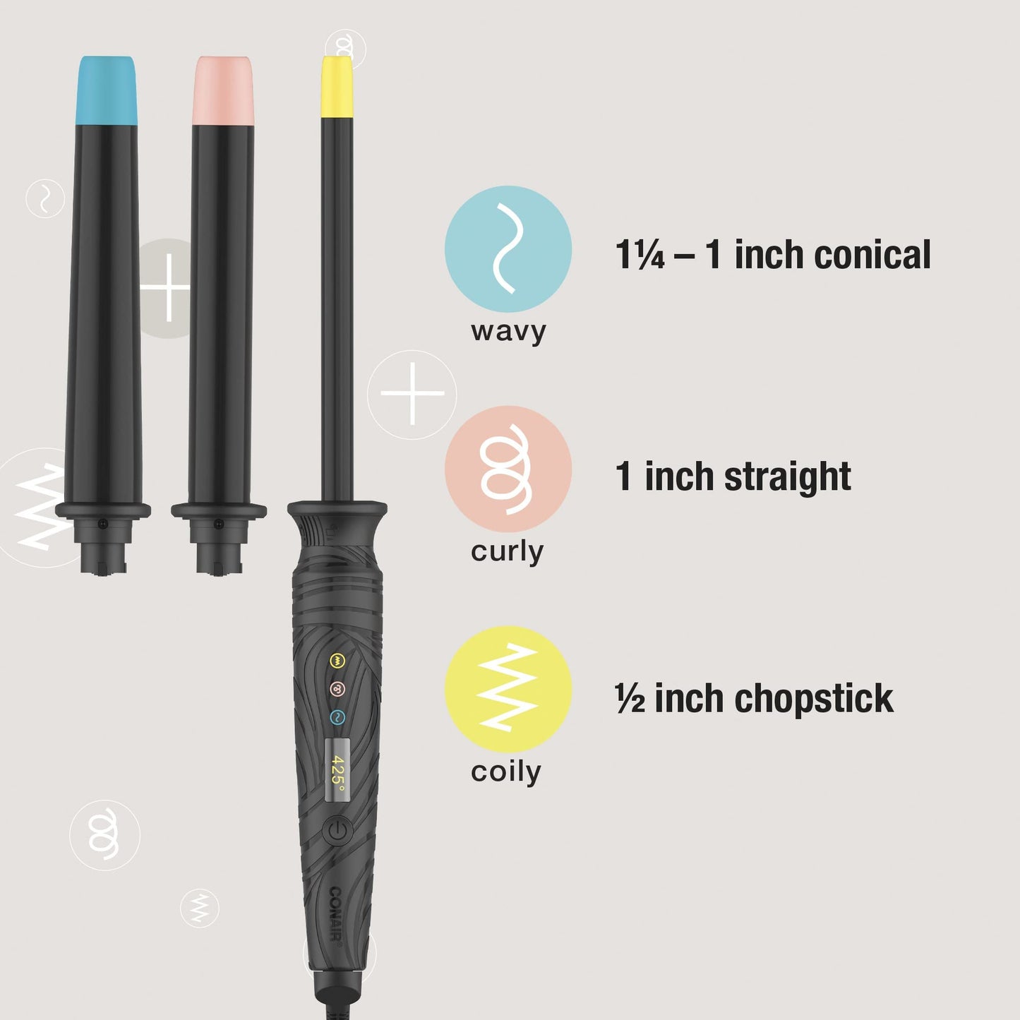 Conair The Curl Collective 3-in-1 Ceramic Curling Wand, 3 Interchangeable Barrels Designed to Create a Specific Curl Pattern - Chopstick, 1-inch, and 1 1/4-inch to 1-inch Tapered Barrel