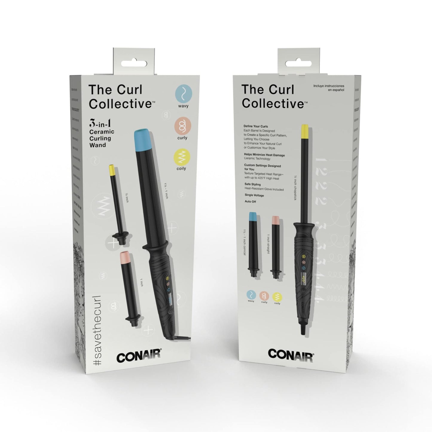 Conair The Curl Collective 3-in-1 Ceramic Curling Wand, 3 Interchangeable Barrels Designed to Create a Specific Curl Pattern - Chopstick, 1-inch, and 1 1/4-inch to 1-inch Tapered Barrel