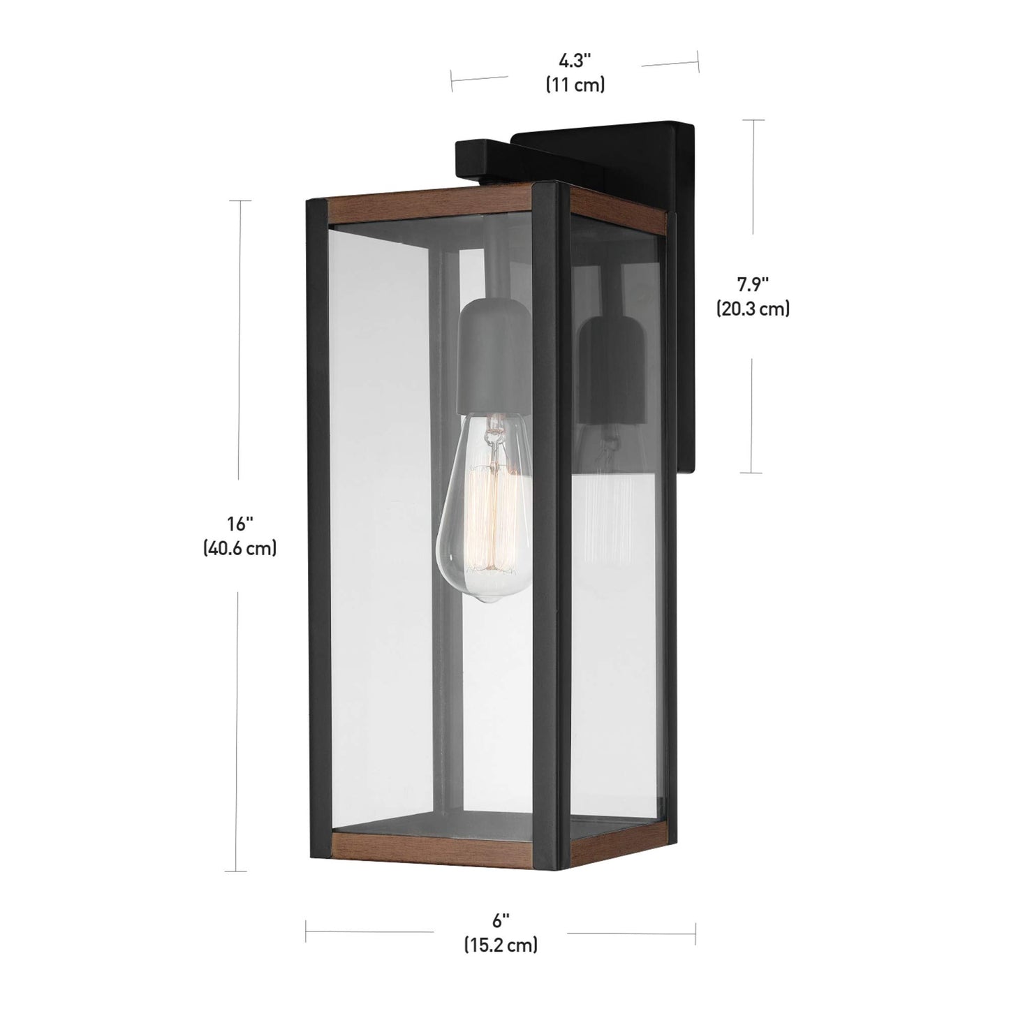 Globe Electric 44681 1-Light Outdoor Indoor Wall Sconce, Matte Black, Faux Wood Accents, Glass Shade, Wall Lighting, Porch Light, Wall Lights for Bedroom, Kitchen Sconces, Bulb Not Included