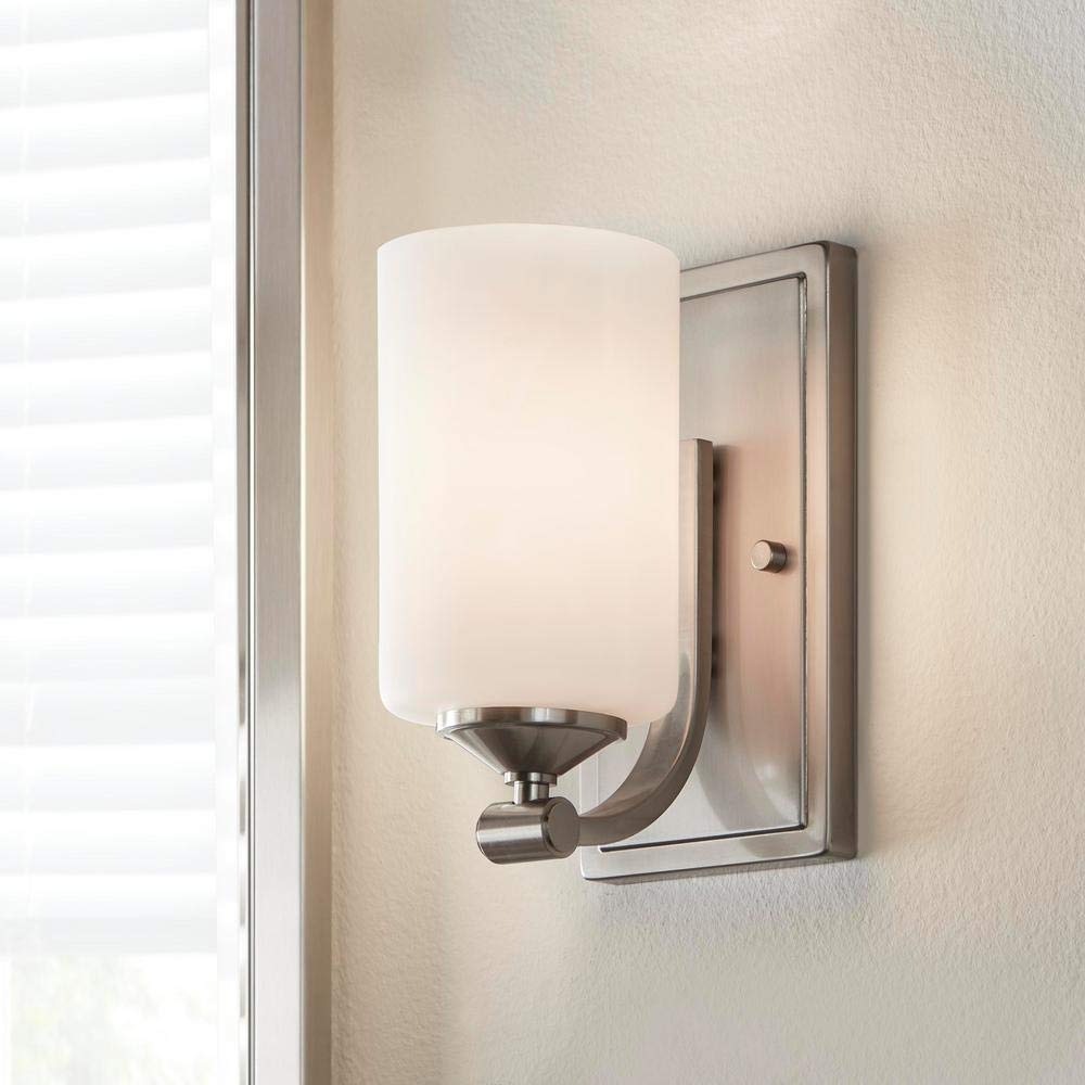 Hampton Bay 1-Light Brushed Nickel Wall Sconce with Frosted Opal Glass Shade. Model # 17678