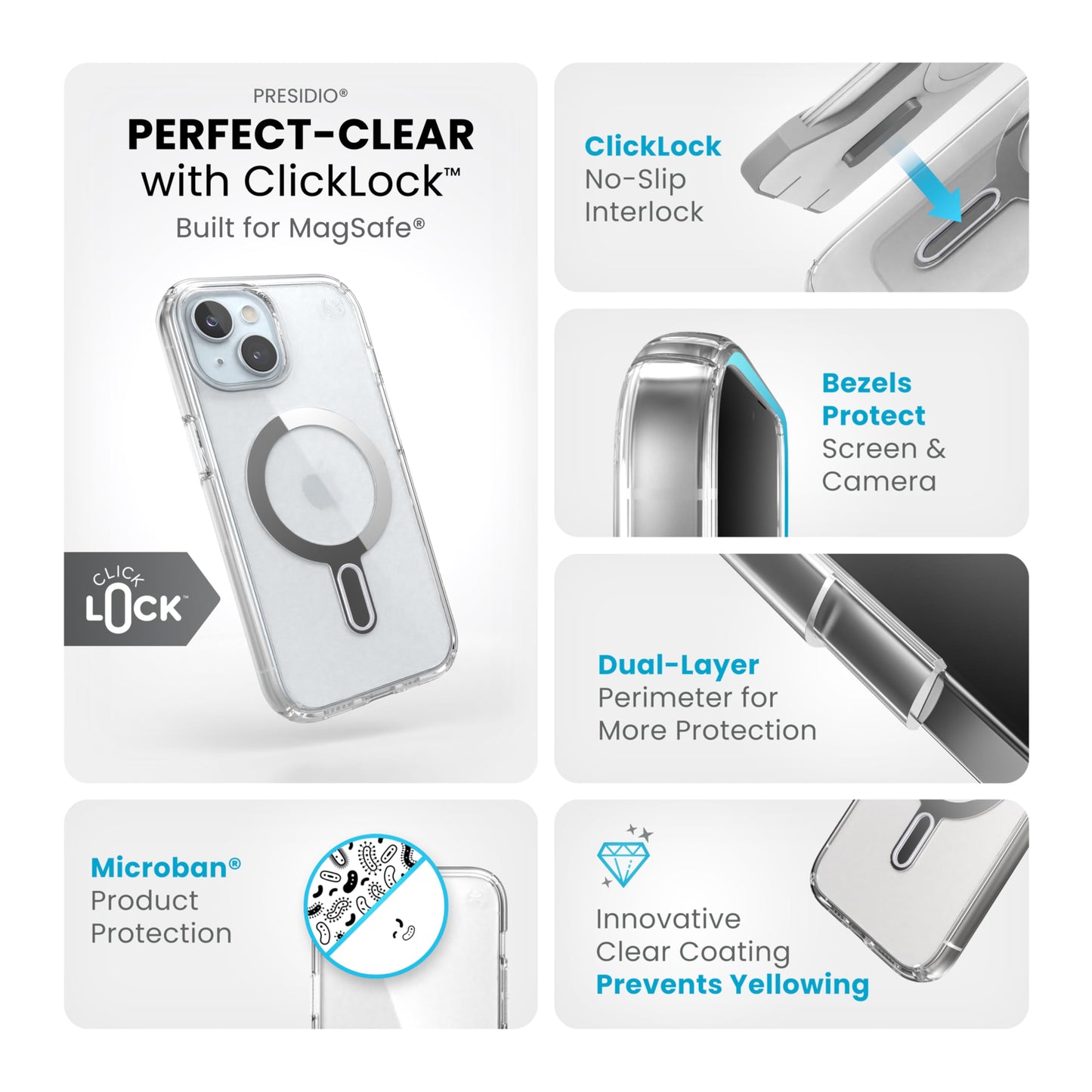 Speck Clear iPhone 15 Case - ClickLock No-Slip Interlock, Built for MagSafe, Drop Protection - for iPhone 15, iPhone 14 & iPhone 13 - Anti-Yellowing 6.1 Inch Phone Case - Presidio Clear/Chrome