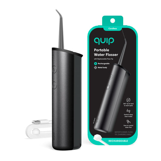 quip Cordless Water Flosser - Rechargeable Water Flosser for Teeth & Gums - 2 Modes, Custom Jet Flow - Oral Irrigator with 360 Degree Rotating Tip - Portable Water Dental Cleaner - All Black Metal