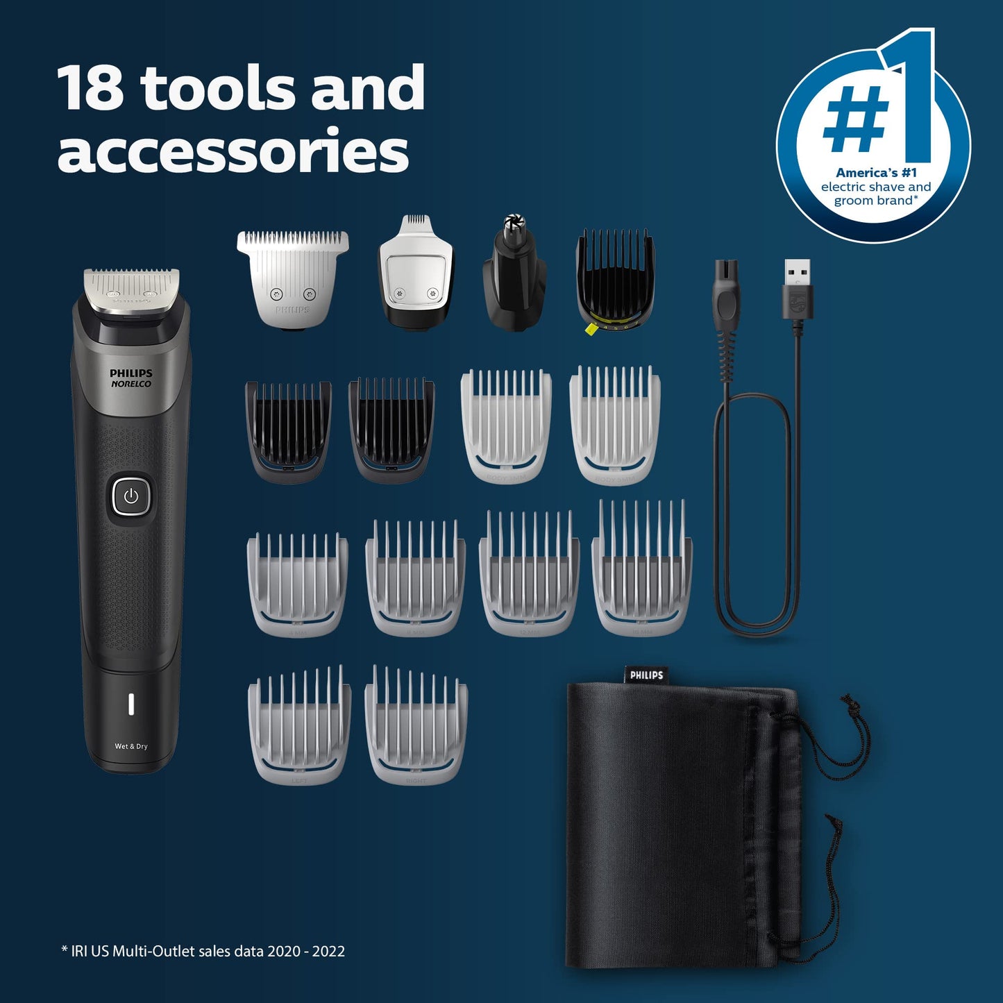 Philips Norelco Multigroom Series 5000 18 Piece, Beard Face, Hair, Body and Intimate Hair Trimmer for Men - NO BLADE OIL MG5910/49
