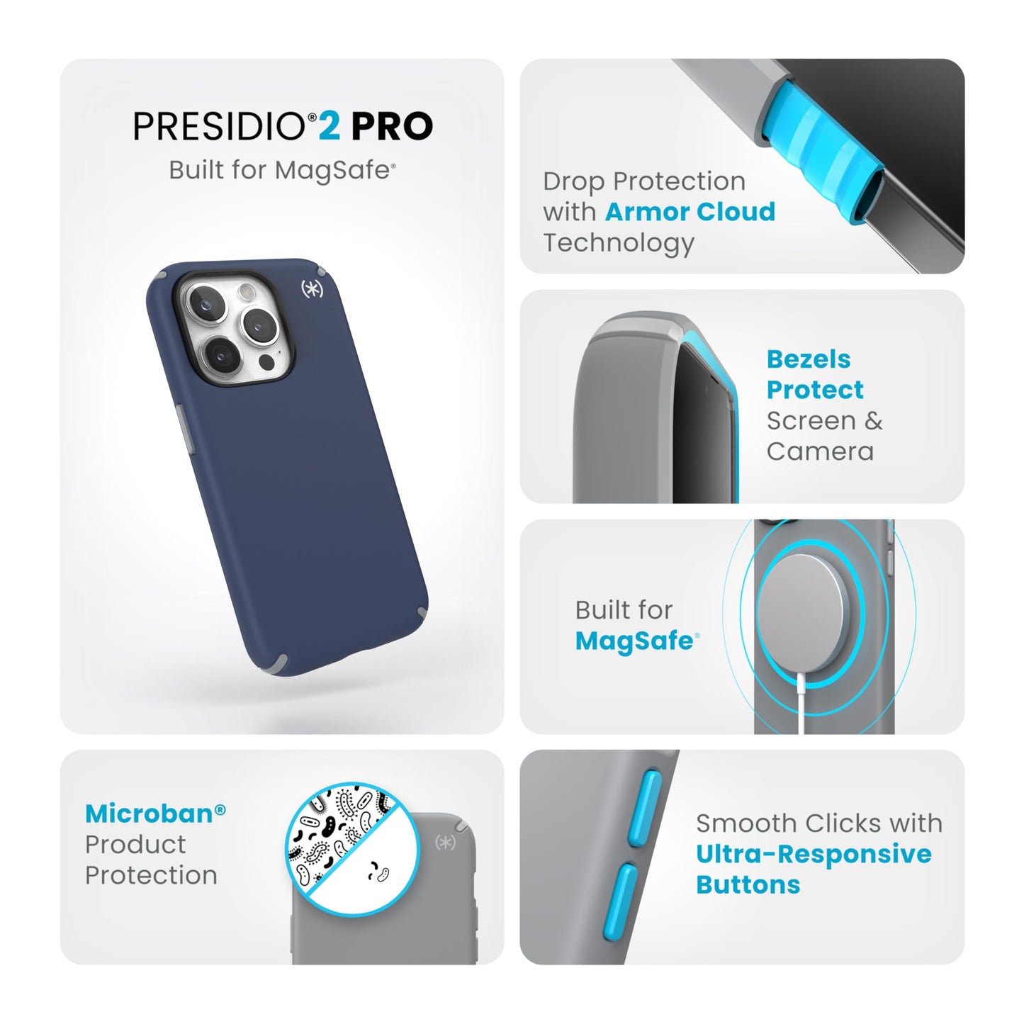 Speck iPhone 15 Pro Case - Built for MagSafe, Drop Protection - Scratch Resistant, Soft Touch, 6.1 Inch Phone Case - Presidio2 Pro Coastal Blue/Dust Grey/White