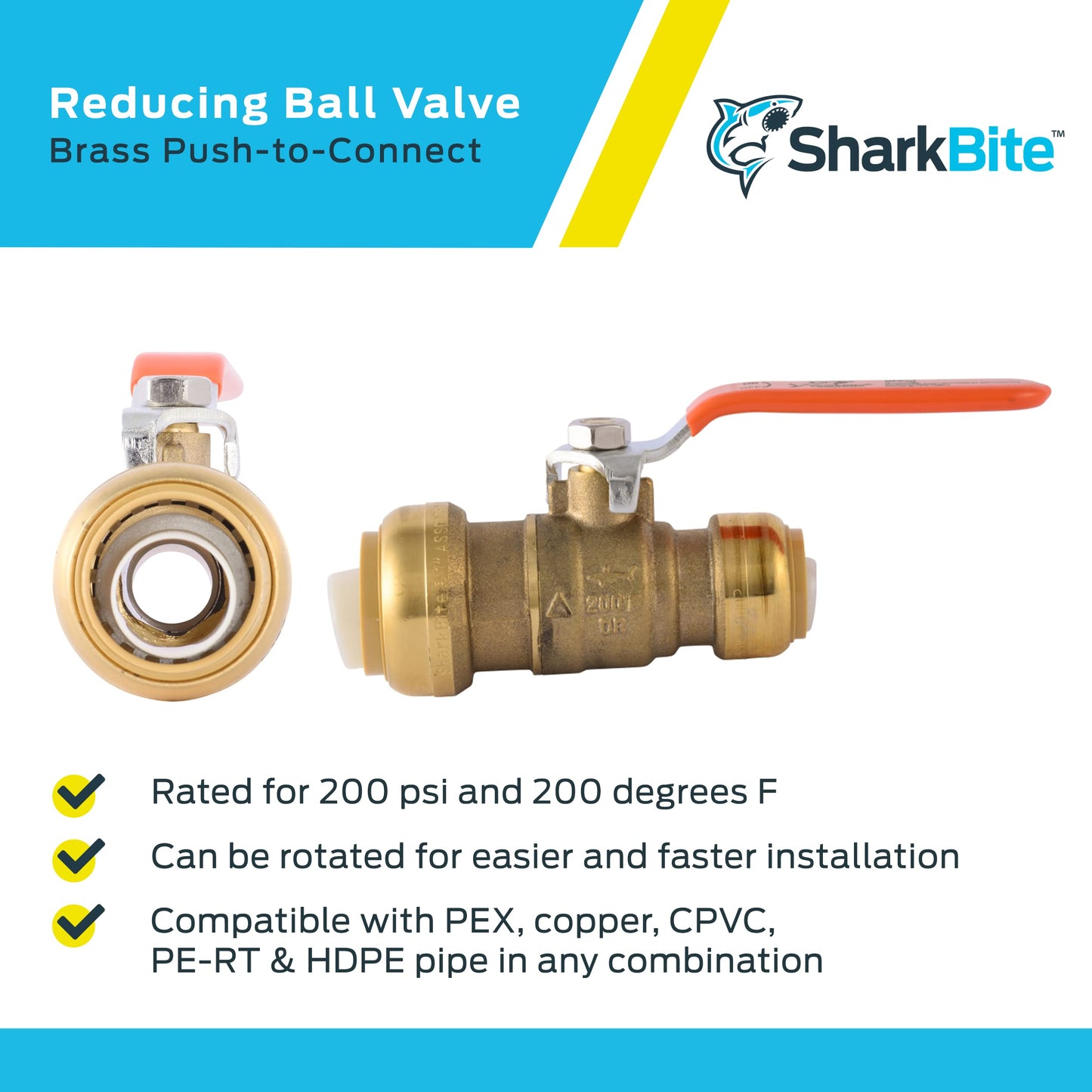 SharkBite 1 Inch x 3/4 Inch Ball Valve, Push to Connect Brass Plumbing Fitting, Water Shut Off, PEX Pipe, Copper, CPVC, PE-RT, HDPE, 22993LF