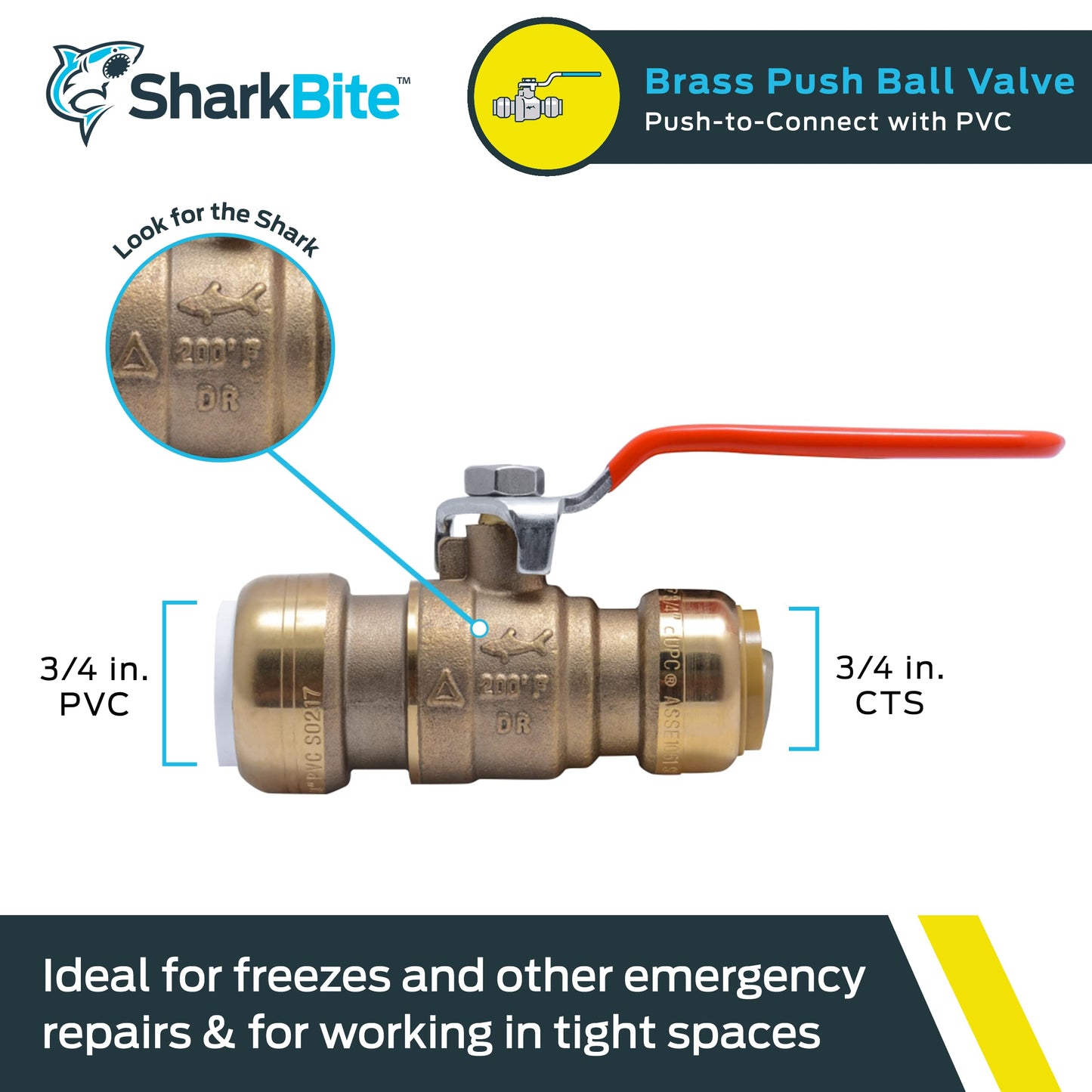 SharkBite 3/4 Inch PVC x 3/4 Inch CTS Ball Valve, Push to Connect Brass Plumbing Fitting, PEX Pipe, Copper, CPVC, PE-RT, HDPE, 25550LF