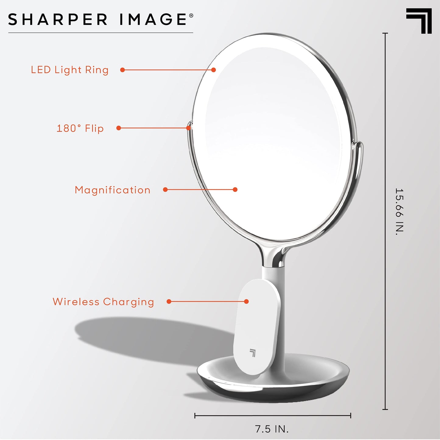 Sharper Image® SpaStudio™ 8” Vanity Mirror - Wireless Qi Charging Pad, Dimmable LED Halo Light Ring, 10X & 5X Magnification, Cosmetic Makeup Skincare Essential, Aesthetic Room Desk Decor Storage