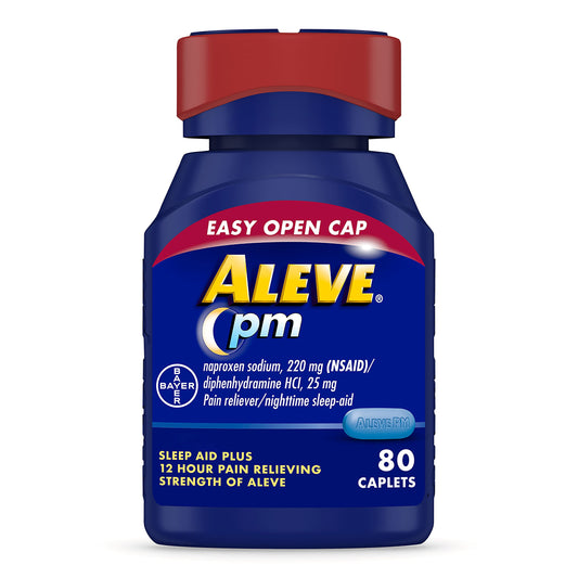 Aleve PM Caplets, Naproxen Sodium 220 mg (NSAID)/diphenhydramine HCl 25 mg, Pain Reliever/Nighttime Sleep-Aid, Non-Habit Forming, 80 Count