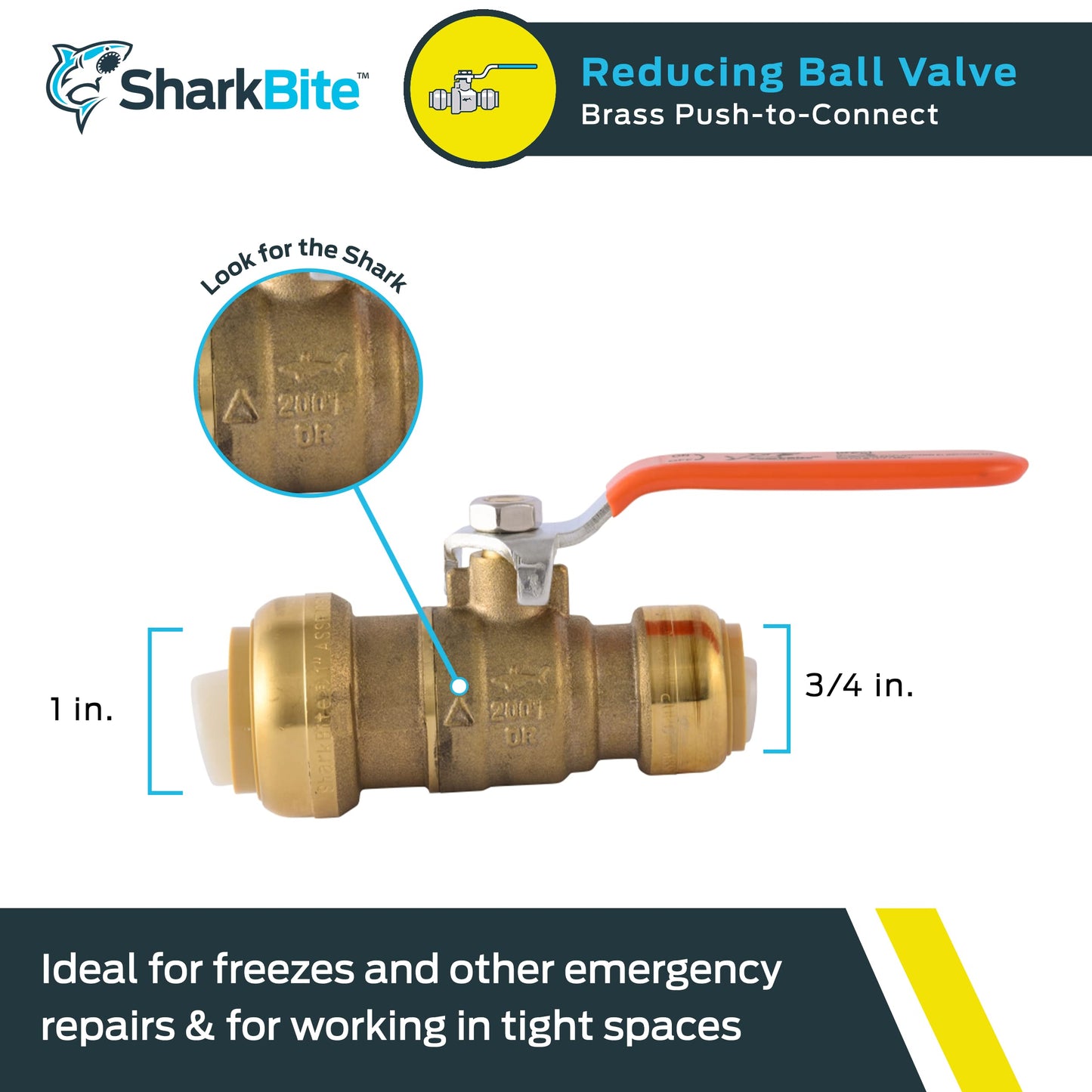 SharkBite 1 Inch x 3/4 Inch Ball Valve, Push to Connect Brass Plumbing Fitting, Water Shut Off, PEX Pipe, Copper, CPVC, PE-RT, HDPE, 22993LF