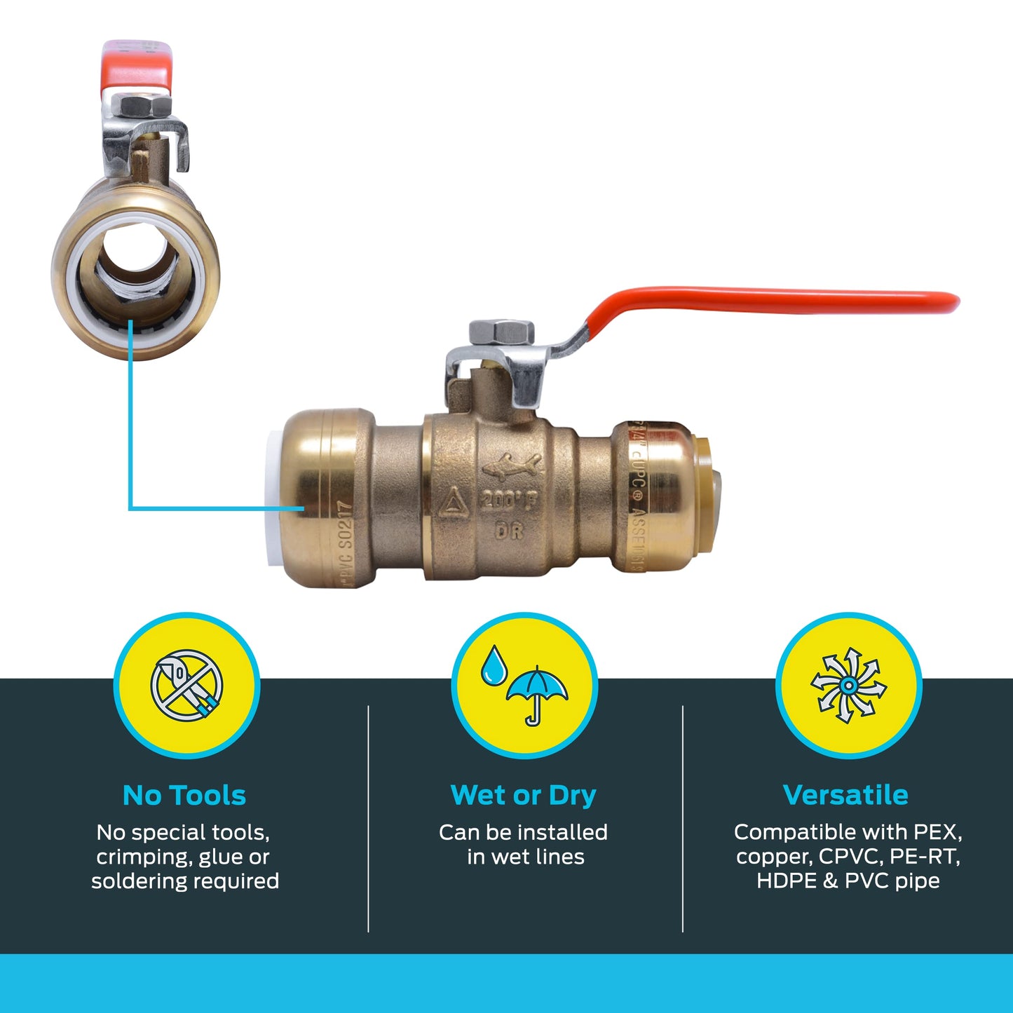 SharkBite 3/4 Inch PVC x 3/4 Inch CTS Ball Valve, Push to Connect Brass Plumbing Fitting, PEX Pipe, Copper, CPVC, PE-RT, HDPE, 25550LF