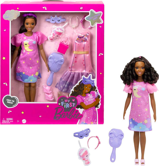 Barbie: My First Barbie Preschool Doll, "Brooklyn" with 13.5-inch Soft Posable Body, Deluxe Party & Bedtime Clothes & Accessories, Black Hair