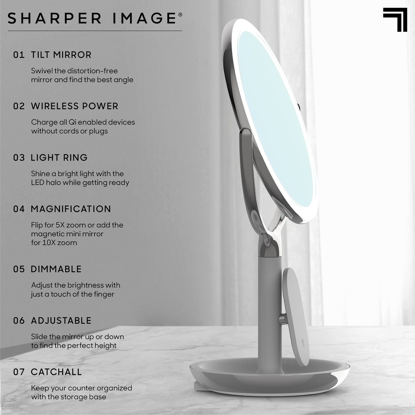 Sharper Image® SpaStudio™ 8” Vanity Mirror - Wireless Qi Charging Pad, Dimmable LED Halo Light Ring, 10X & 5X Magnification, Cosmetic Makeup Skincare Essential, Aesthetic Room Desk Decor Storage