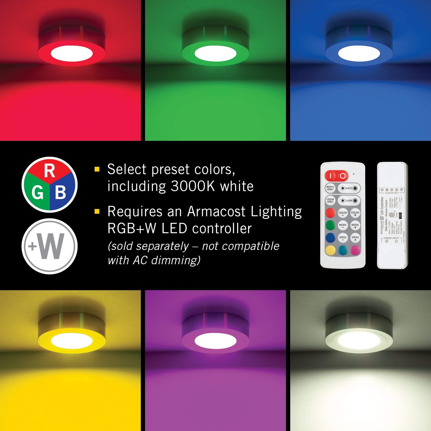 Armacost Lighting PureVue Dimmable LED Undercabinet Puck Light, RGB+W, White 263412