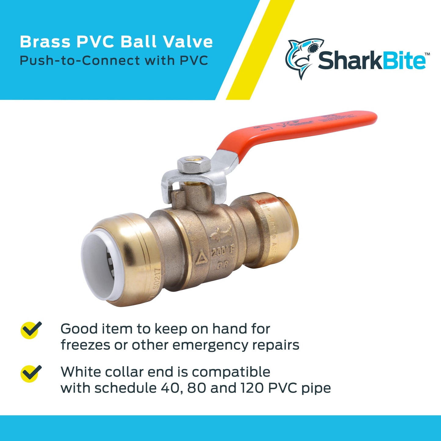 SharkBite 3/4 Inch PVC x 3/4 Inch CTS Ball Valve, Push to Connect Brass Plumbing Fitting, PEX Pipe, Copper, CPVC, PE-RT, HDPE, 25550LF