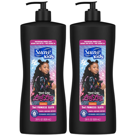 Suave Kids 3-in-1 Shampoo - That Girl Lay Lay Princess Slaya Tear-Free Kids Shampoo, Conditioner & Body Wash, Kids Soap, 28 Fl Oz (Pack of 2)