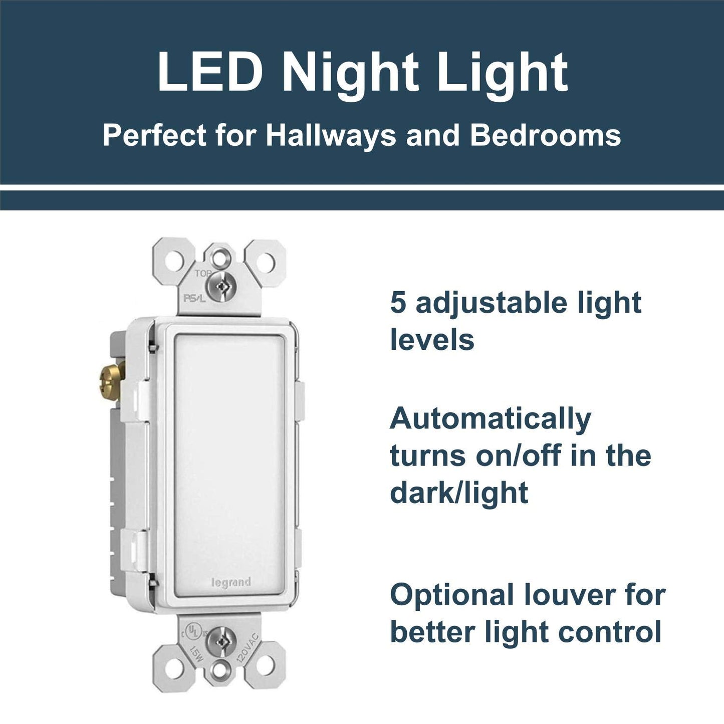 Legrand radiant NTLFULLWCC6 Full Adjustable LED Night Light Outlet, For Hallways and Stairs, Optional Louver, White (1 Count)