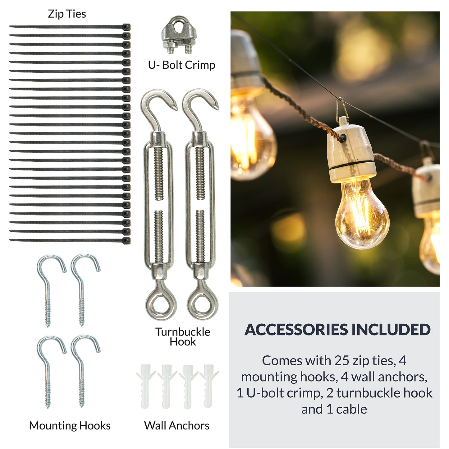 Newhouse Lighting STRINGKIT2 Stainless Steel Hanging/Suspension Kit with Vinyl Coated Wire for Outdoor Patio Lights up to 48 ft. Includes Turnbuckle and Hooks