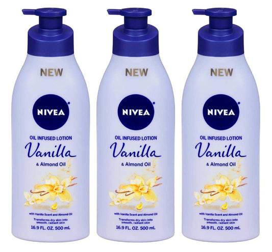 Nivea Lotion Oil-Infused Vanilla/Almond Oil 16.9 Ounce Pump (500ml) (3 Pack)