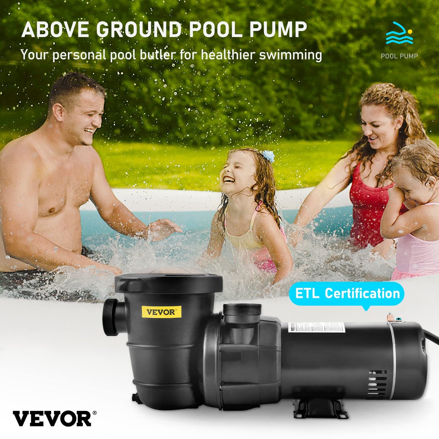 VEVOR Swimming Pool Pump, 2.0HP 115 V, 1500 W Single Speed Pumps for Above Ground Pool w/ Strainer Basket, 5400 GPH Max. Flow, Certification of ETL for Security