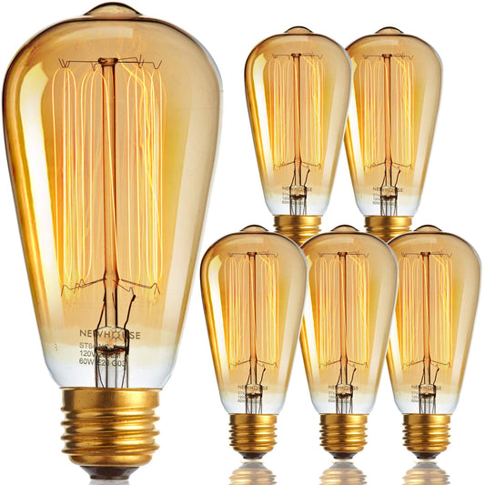 Newhouse Lighting ST64INC-6 ST64 Vintage Light Bulb 6-Pack Edison Bulbs-ST64 Style 60 Watts-Dimmable, Medium (E26) Standard Base E27-Squirrel Cage, 6-Pack, 2.7, Amber