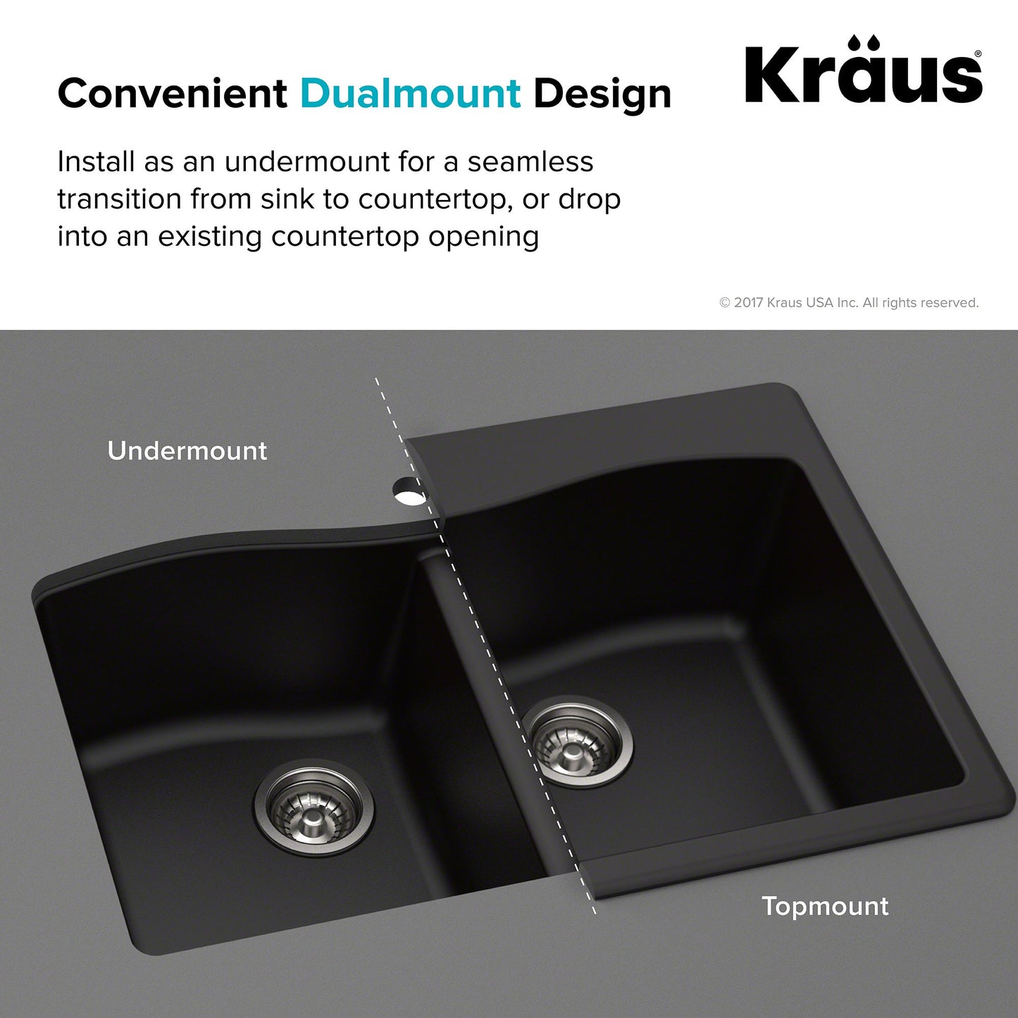 Kraus Forteza™ 33” Dual Mount Single Bowl Black Granite Kitchen Sink (Grey)