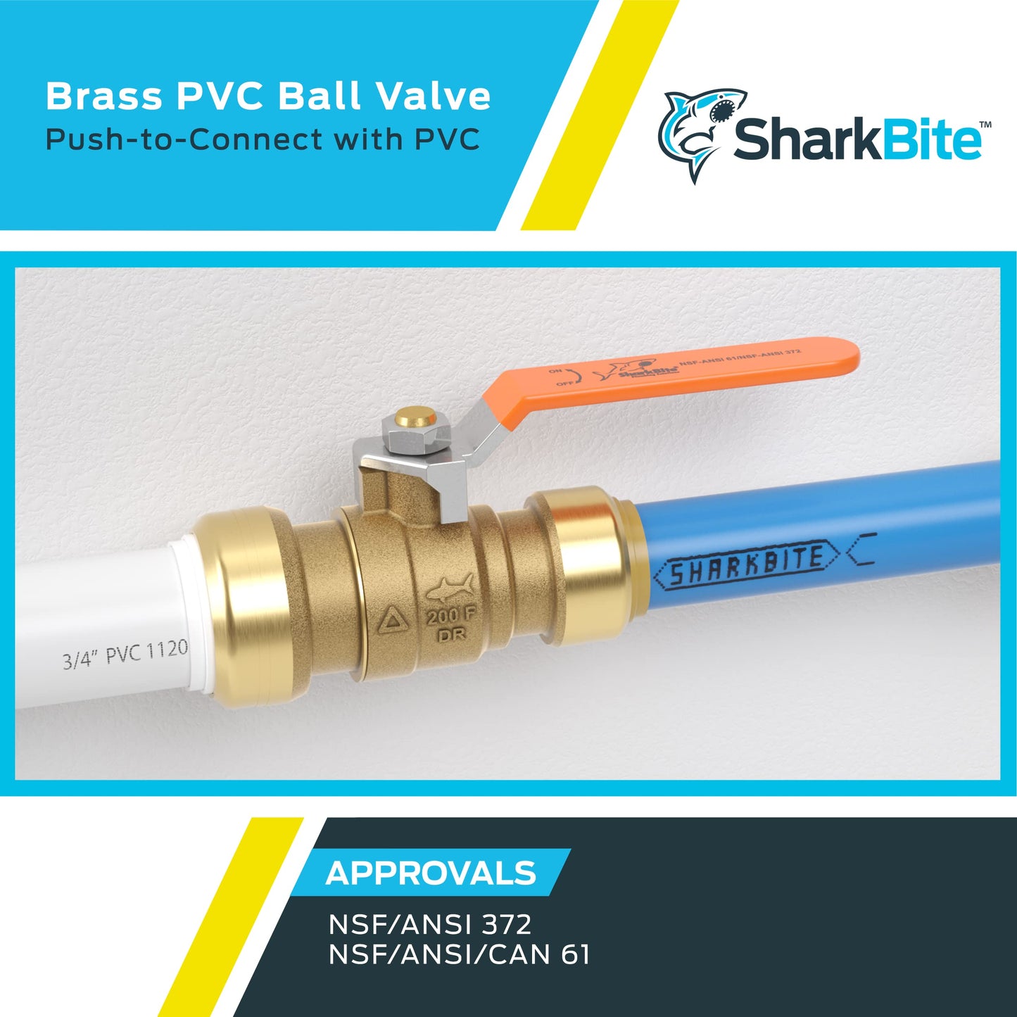 SharkBite 3/4 Inch PVC x 3/4 Inch CTS Ball Valve, Push to Connect Brass Plumbing Fitting, PEX Pipe, Copper, CPVC, PE-RT, HDPE, 25550LF