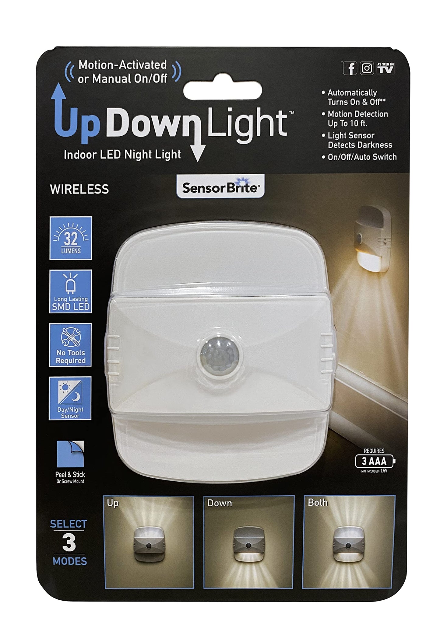 Sensor Brite UpDown Wireless Motion-Sensing LED Light, Automatic Accent LED Light, Battery-Operated Night LED Light, White