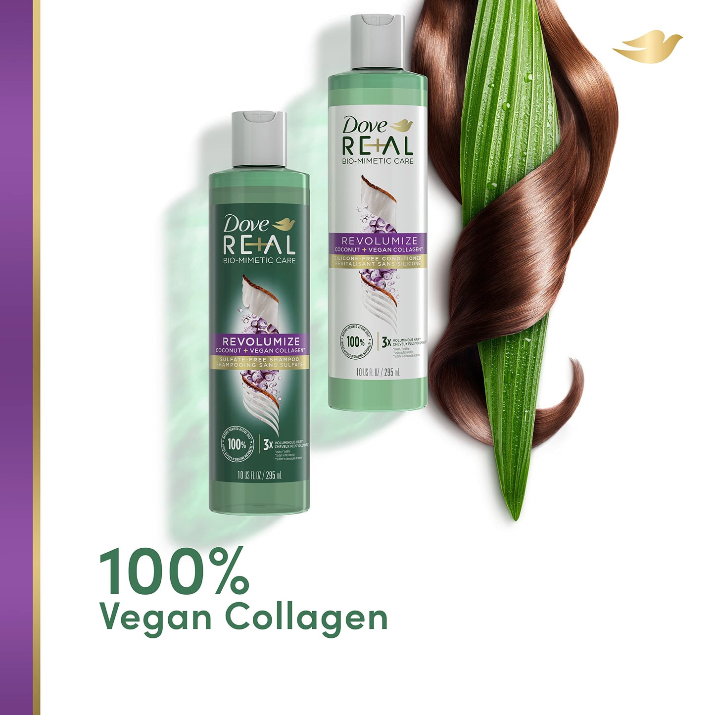Dove RE+AL Bio-Mimetic Care Shampoo For Fine, Flat Hair Revolumize Sulfate-Free Volumizing Shampoo With Coconut + Vegan Collagen 10 Oz