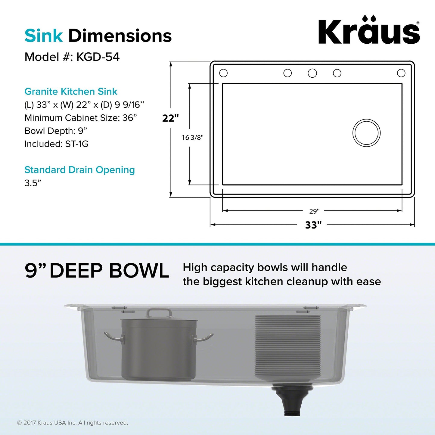 Kraus Forteza™ 33” Dual Mount Single Bowl Black Granite Kitchen Sink (Grey)