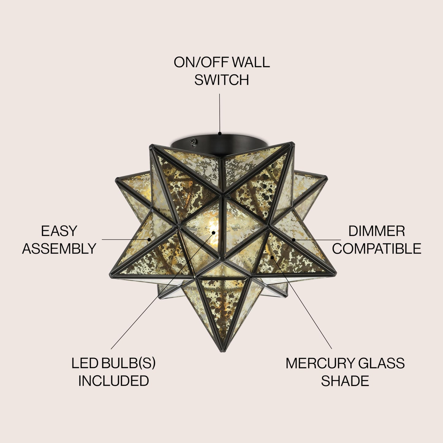 JONATHAN Y JYL9035D Stella 12" Moravian Star Metal/Glass LED Flush Mount Contemporary Dimmable, for Kitchen,Hallway,Bathroom,Stairwell, Oil Rubbed Bronze/Mercury