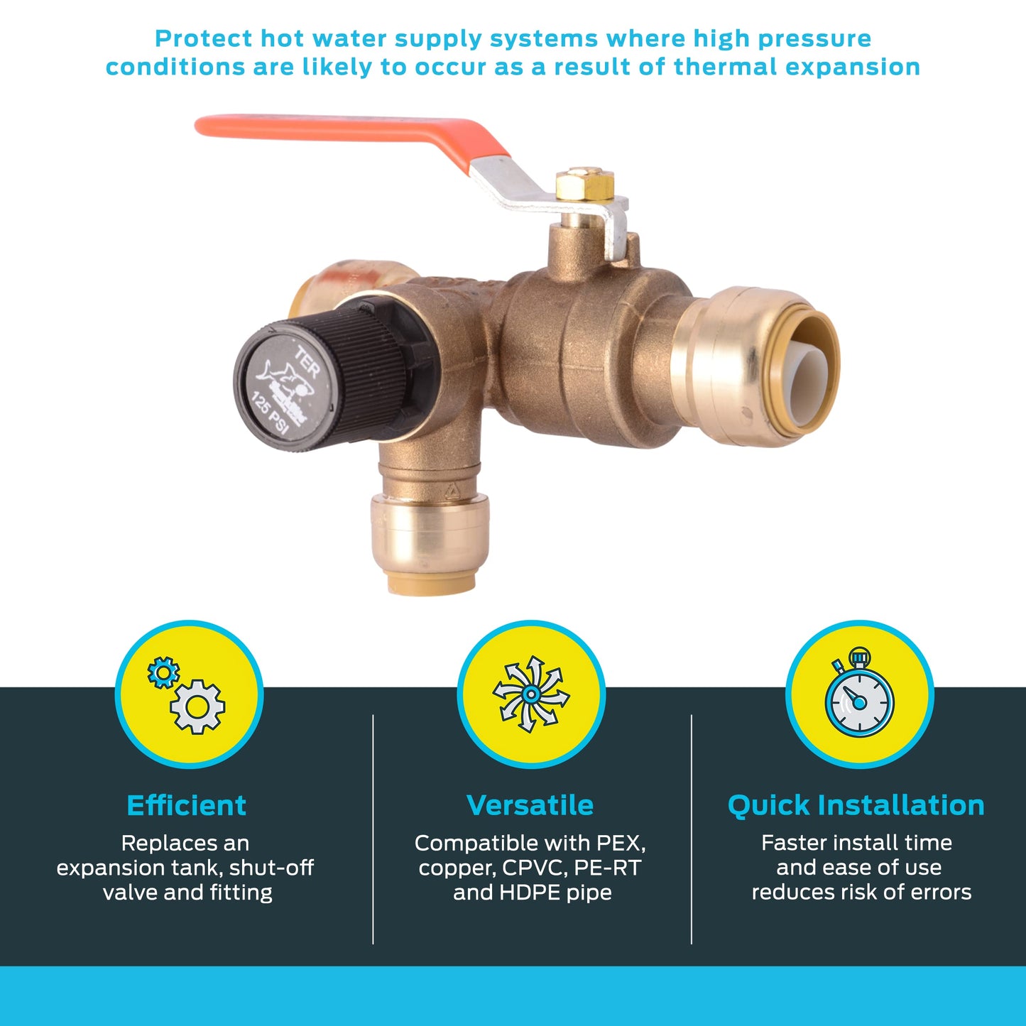 SharkBite 3/4 Inch Thermal Expansions Relief Ball Valve, Push to Connect Brass Plumbing Fitting, PEX Pipe, Copper, CPVC, PE-RT, HDPE, 25704LF