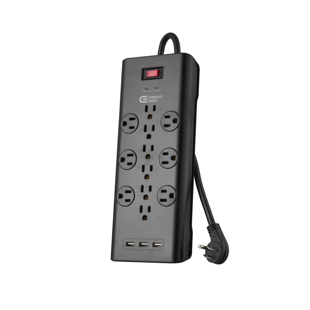 Commercial Electric 6 Ft. 12-Outlet Black Surge Protector with USB